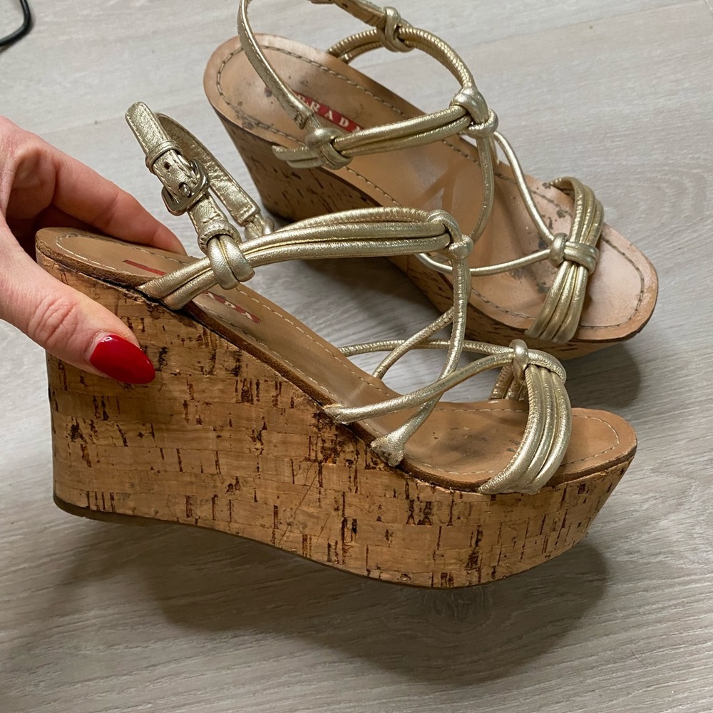 AUTHENTIC PRADA Gold Wedge Sandals